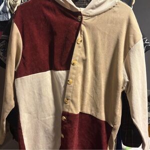 Cream and burgundy oversized button-up sweater